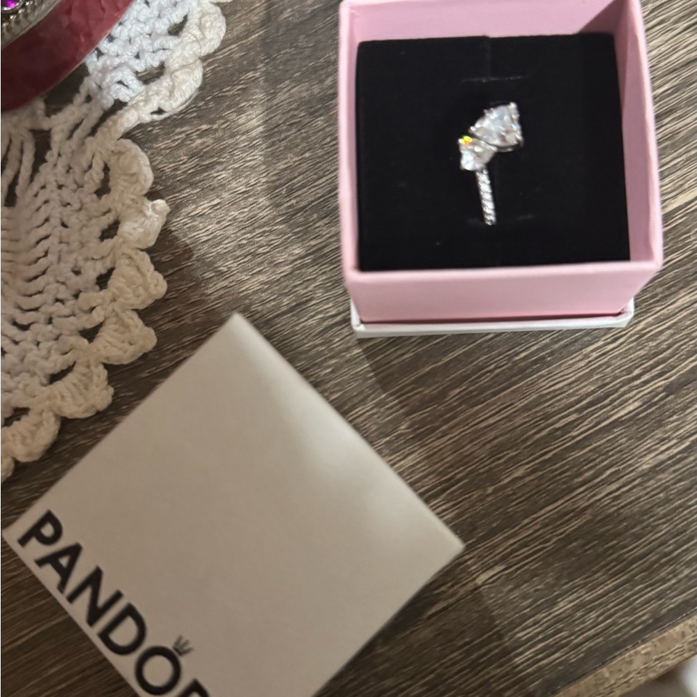Pandora Silver Ring with Clear Heart Stone and Sparkling Accents